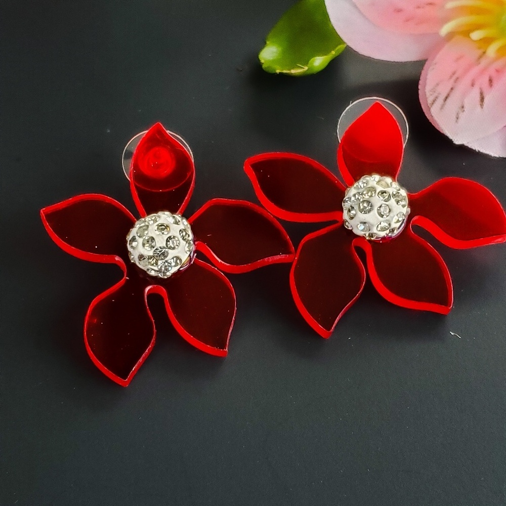 Acetate Resin Flower Stud Earrings- Red